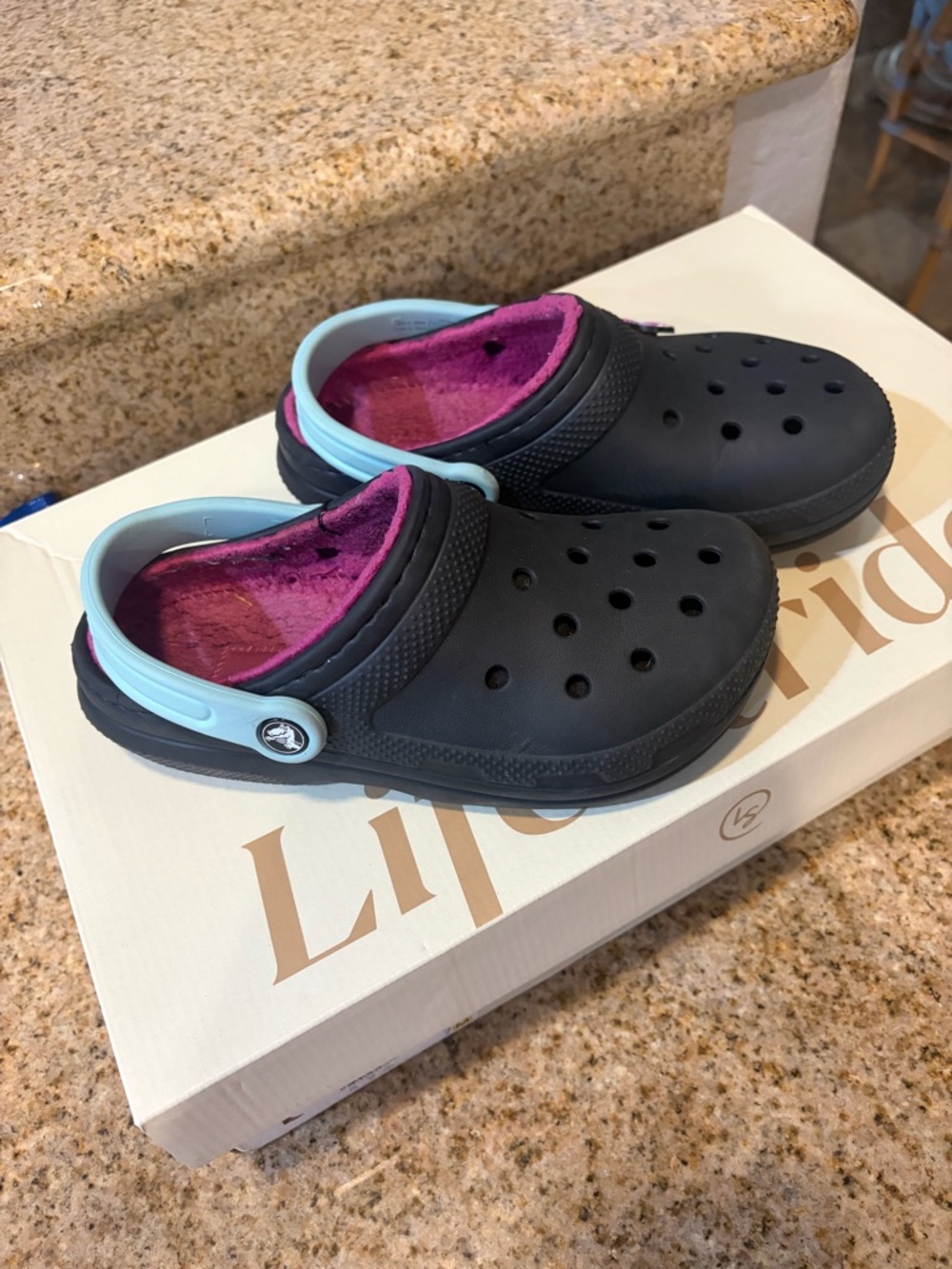 Black Clog with Pink Fleece Lining and Light Blue Heel Strap